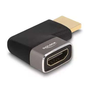 DELOCK HDMI adapteris, vīrišķais pret sievišķo, 90° kreisi leņķots, 8K 60 Hz, pelēks metāls