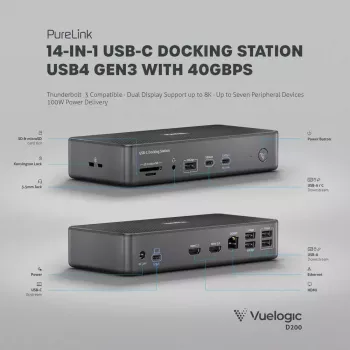Klēpjdatora dokstacija PureLink VL-D200 vadu pelēka USB strāvas piegāde HDMI 2.0