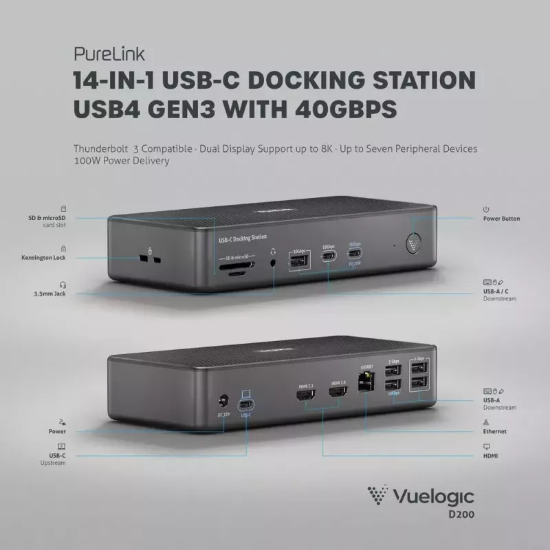 Klēpjdatora dokstacija PureLink VL-D200 vadu pelēka USB strāvas piegāde HDMI 2.0