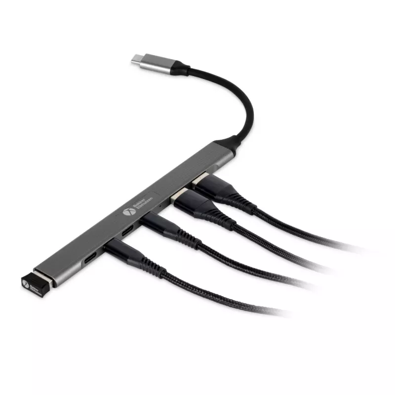 USB-C Hub 7-in-1 BakkerElkhuizen BNECHUB3A4C — 7 porti (USB 3.2 Gen1 A, USB 3.2 Gen1 C, USB 2.0), alumīnija korpuss, pelēks/melns