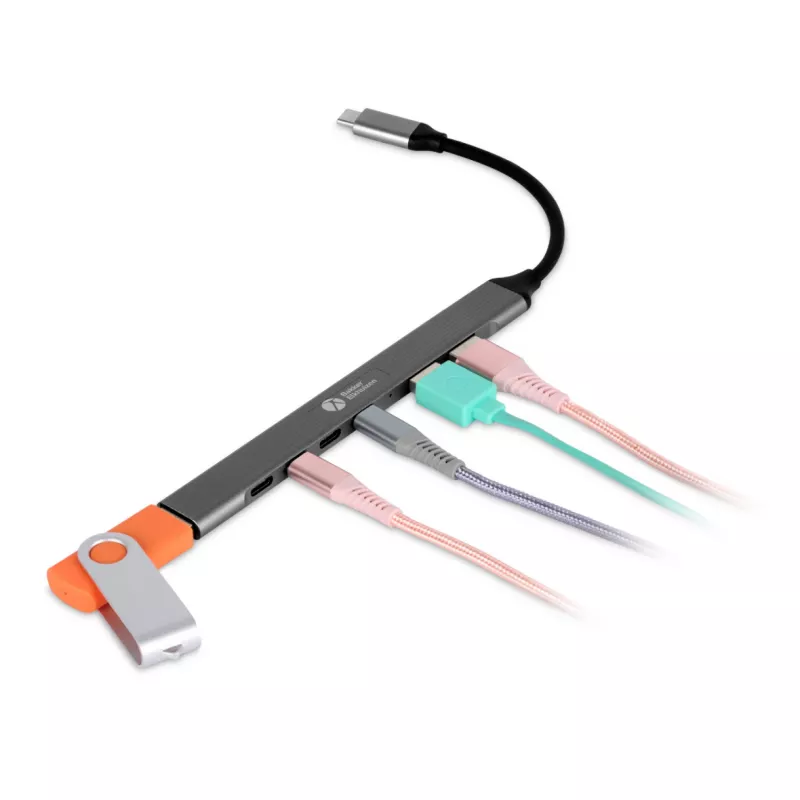 USB-C Hub 7-in-1 BakkerElkhuizen BNECHUB3A4C — 7 porti (USB 3.2 Gen1 A, USB 3.2 Gen1 C, USB 2.0), alumīnija korpuss, pelēks/melns
