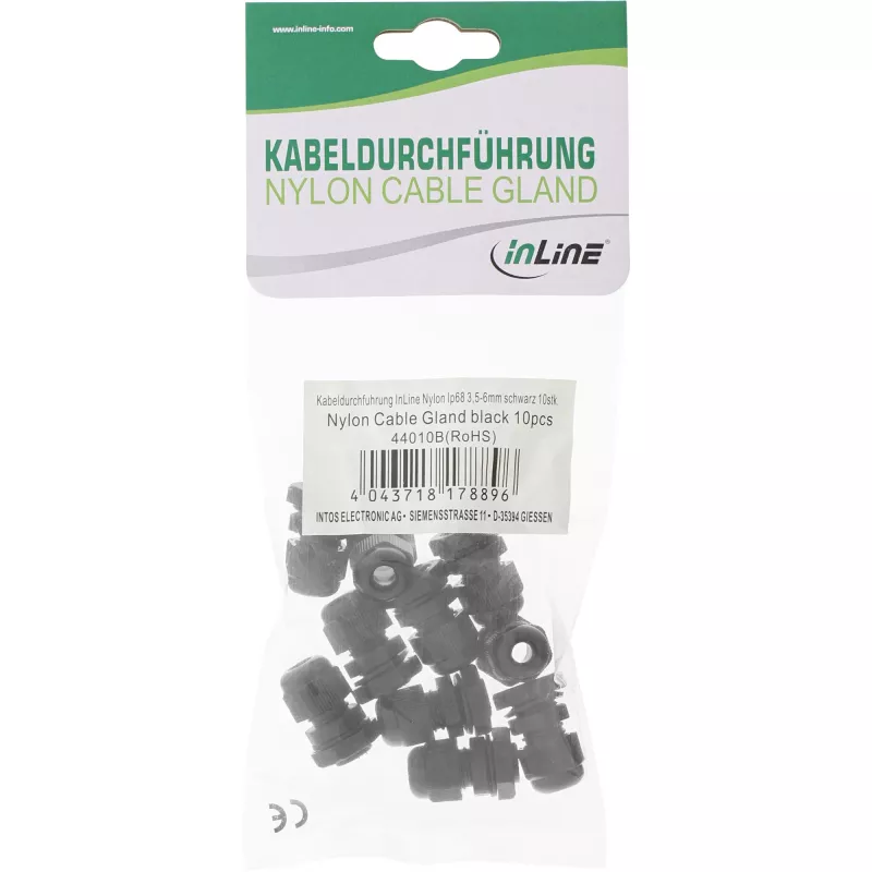 InLine kabeļu blīvslēgs no neilona, IP68, 3,5–6 mm, melns, 10 gab., neoprēns, neilons, melns, 43 g, 80 mm, 120 mm, 25 mm