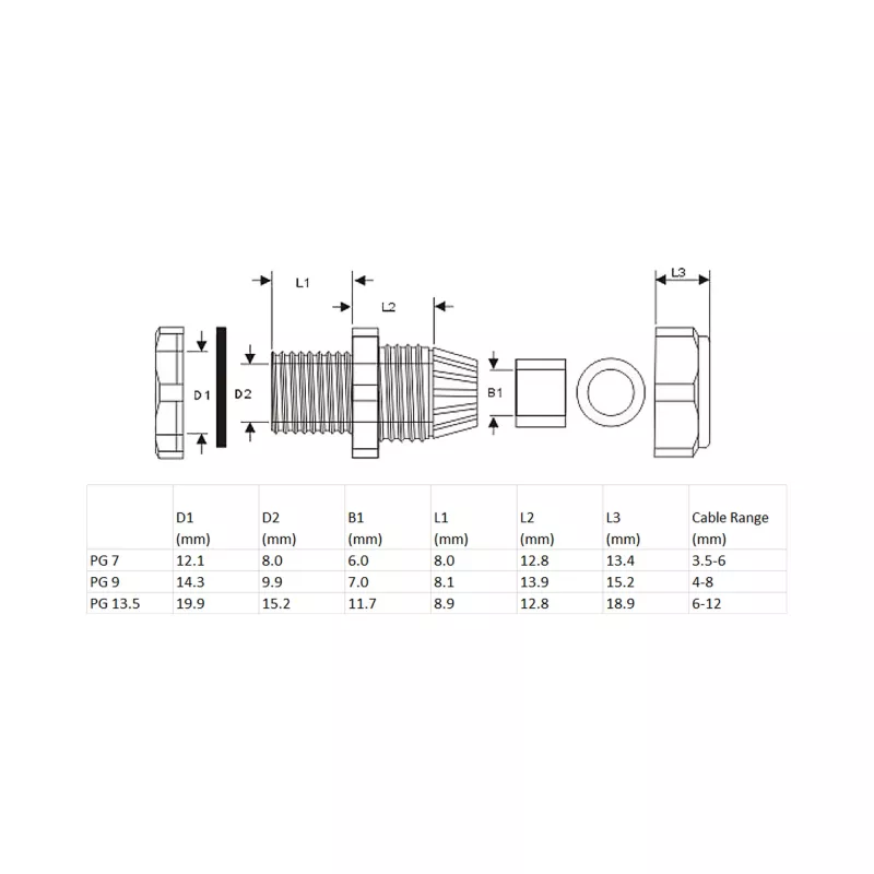 Kabeļu blīvslēgs InLine 44012B neilona IP68 kabeļiem Ø6–12 mm, melns, iepakojumā 10 gab.