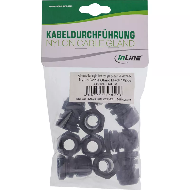 Kabeļu blīvslēgs InLine 44012B neilona IP68 kabeļiem Ø6–12 mm, melns, iepakojumā 10 gab.
