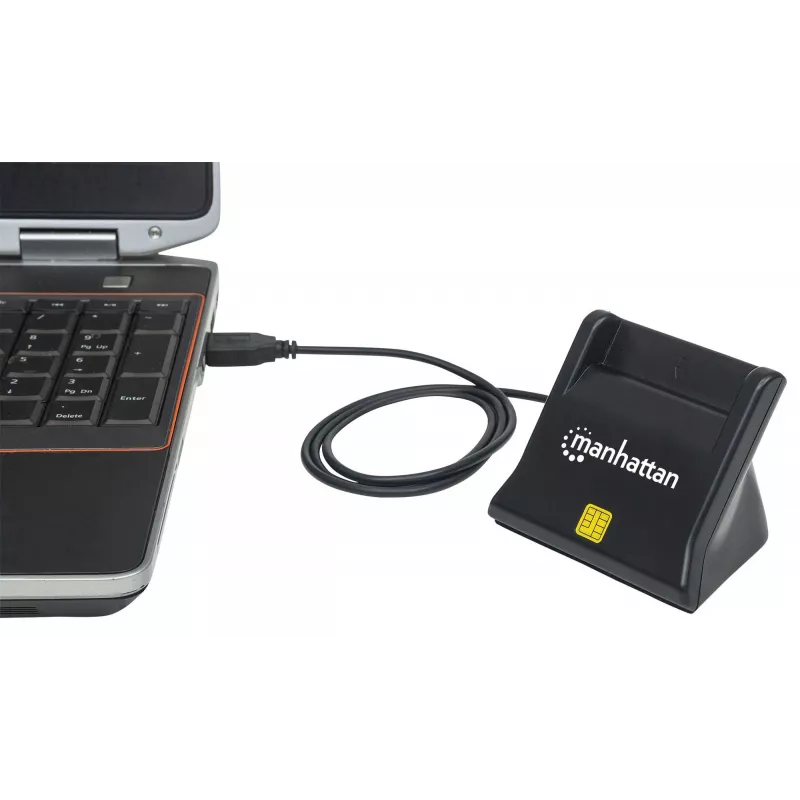 Manhattan USB-A vied/SIM karšu lasītājs, 480 Mb/s (USB 2.0), galda statīvs, berzes tipa saderīgs, Hi-Speed USB, kabelis 86 cm, melns, trīs gadu garantija