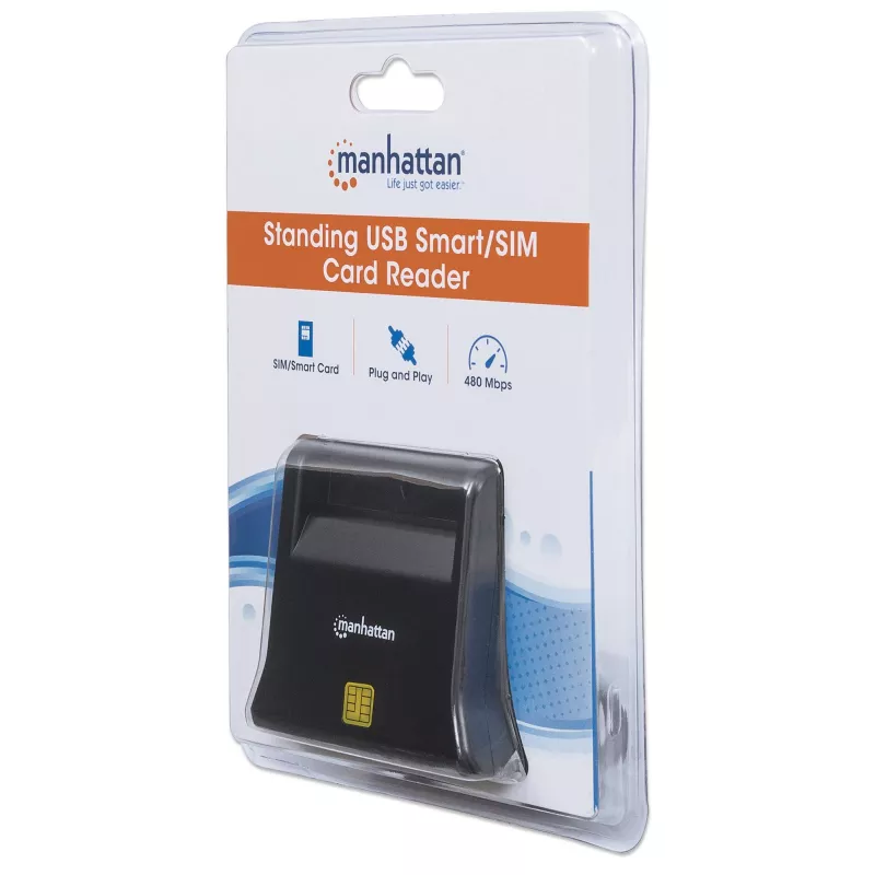 Manhattan USB-A vied/SIM karšu lasītājs, 480 Mb/s (USB 2.0), galda statīvs, berzes tipa saderīgs, Hi-Speed USB, kabelis 86 cm, melns, trīs gadu garantija