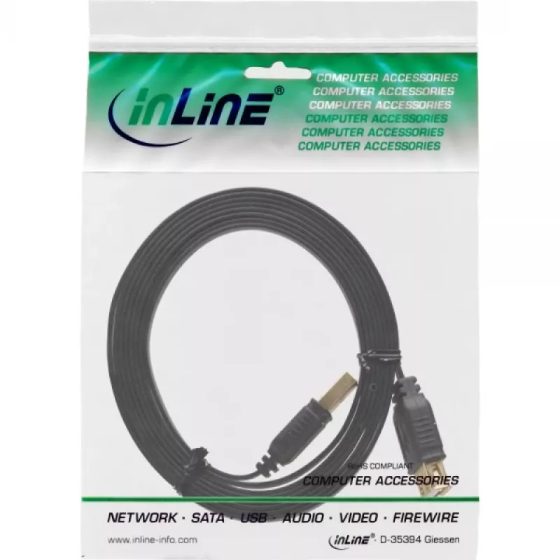 InLine USB 2.0 plakanais kabelis, A tipa vīr. / siev., zeltīti kontakti, melns, 5 m