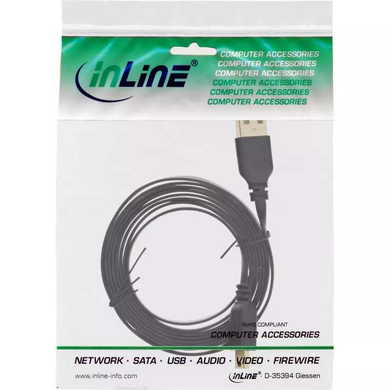 InLine USB 2.0 plakanais kabelis, USB Type A vīr. / Mini-B vīr. 5 kontaktu, melns/zelts, 0,5 m