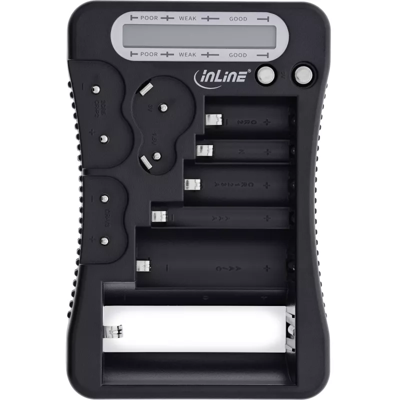 Bateriju testeris InLine 01285 ar LCD displeju apaļajām un pogveida baterijām