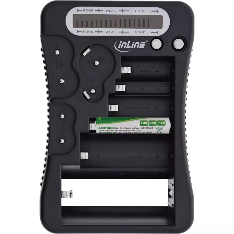 Bateriju testeris InLine 01285 ar LCD displeju apaļajām un pogveida baterijām