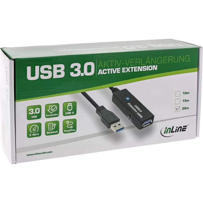 InLine USB3.2 Gen.1 aktīvs atkārtotāja kabelis, A tipa vīr. / siev., melns, 20 m