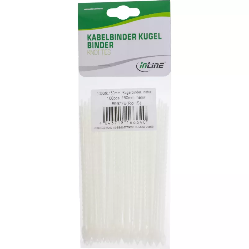 Kabeļu saites InLine Ball 100 mm baltas, iepakojumā 100 gab., plastmasas stiprinājuma siksnas