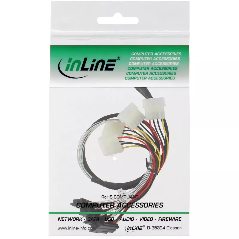 InLine SAS kabelis, Mini SAS SFF-8087/4x SAS SFF-8482+barošana, SAS HDD uz savienotāju 0,75m