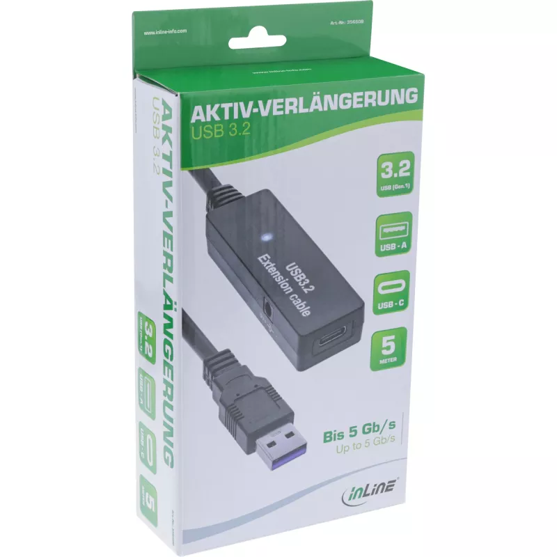 InLine USB 3.2 Gen.1 aktīvais pagarinātājs, USB-A vīr. uz USB-C siev., 5 m