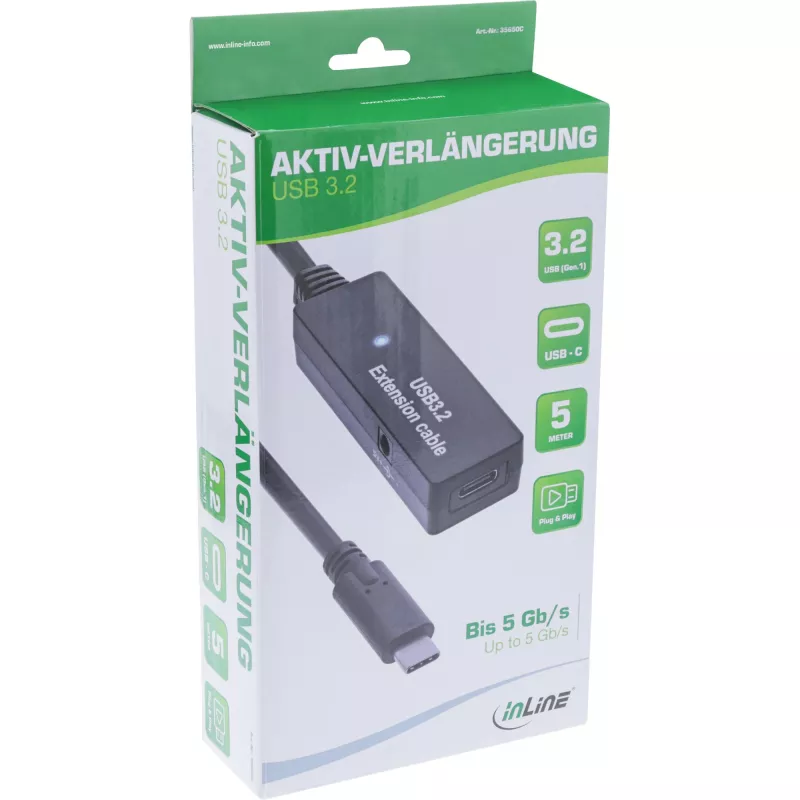 InLine USB 3.2 Gen.1 aktīvs pagarinātājs, USB-C vīr. uz USB-C siev., 5 m