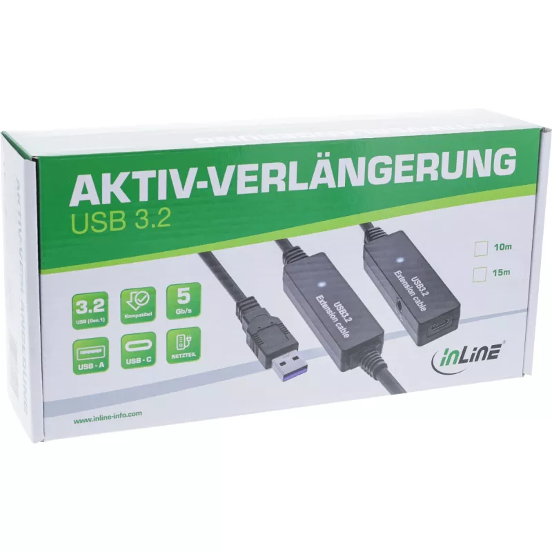 InLine USB 3.2 Gen.1 aktīvais pagarinātājs, USB-A vīr. uz USB-C siev., 10 m