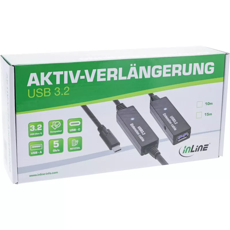 InLine USB 3.2 Gen.1 aktīvs pagarinātājs, USB-C vīr. uz USB-A siev., 10 m