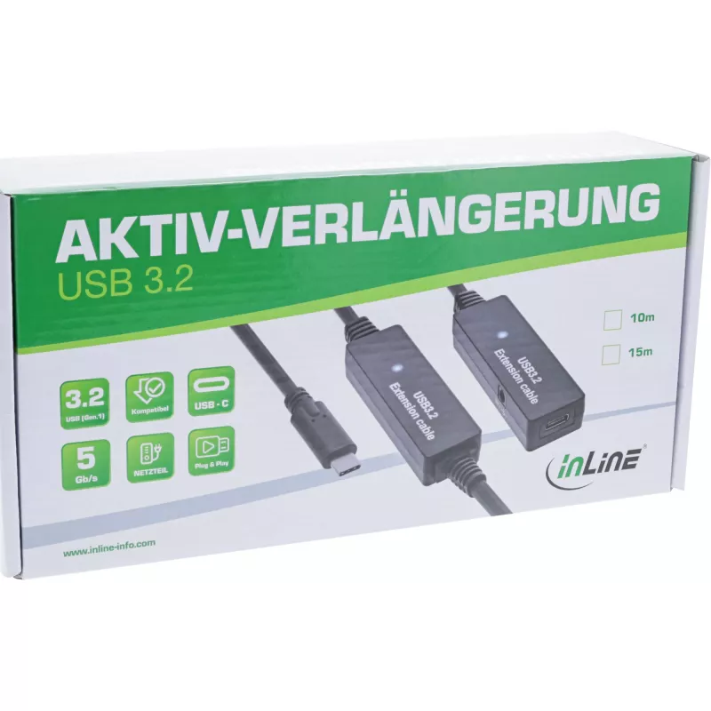 InLine USB 3.2 Gen.1 aktīvs pagarinātājs, USB-C vīr. uz USB-C siev., 15 m