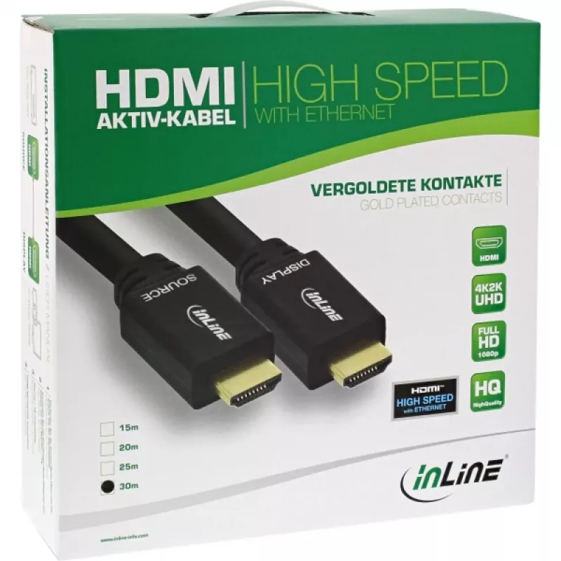 InLine, aktīvs High Speed HDMI kabelis ar Ethernet, M/M, melns, zeltīti kontakti, 30m