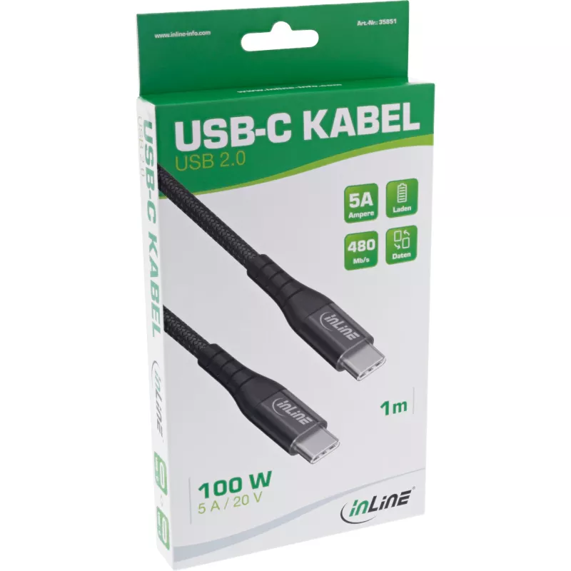 InLine USB 2.0 kabelis, USB-C vīr./vīr. 100W ātrās uzlādes kabelis, 2m