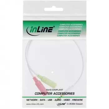InLine Audio austiņu adaptera kabelis 3,5 mm vīriešu 4 kontaktu / 2x 3,5 mm, balts, 0,15 m