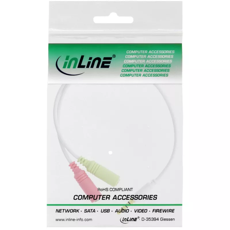InLine Audio austiņu adaptera kabelis 3,5 mm vīriešu 4 kontaktu / 2x 3,5 mm, balts, 0,15 m