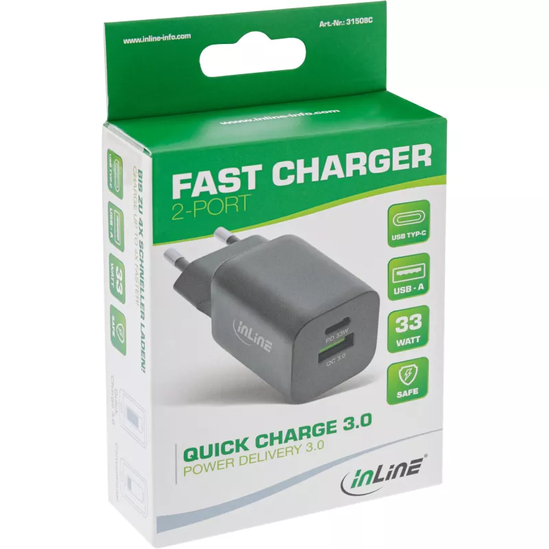 InLine USB barošanas bloks, lādētājs, USB-A + USB Type-C, 33W, PD + QC
