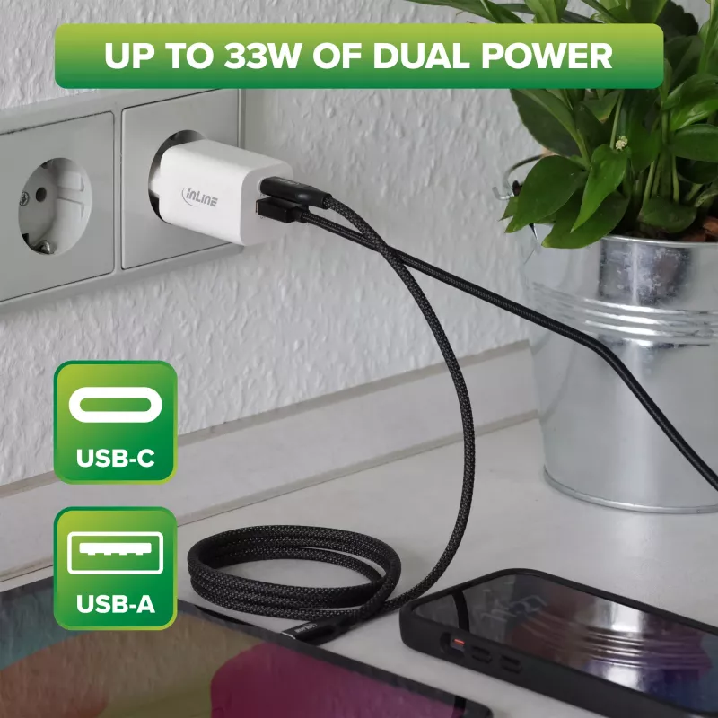 InLine USB barošanas bloks, lādētājs, USB-A + USB Type-C, 33W, PD + QC