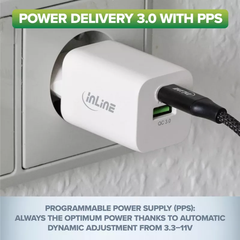 InLine USB barošanas bloks, lādētājs, USB-A + USB Type-C, 33W, PD + QC