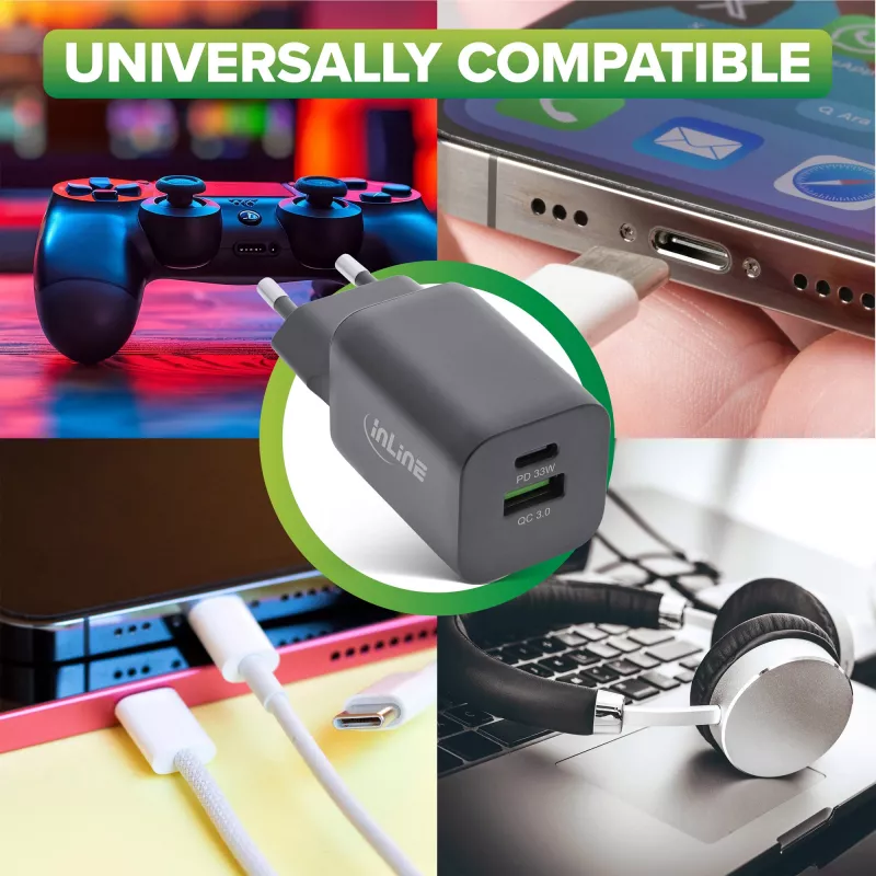 InLine USB barošanas bloks, lādētājs, USB-A + USB Type-C, 33W, PD + QC