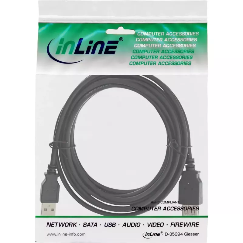 USB 2.0 pagarinātāja kabelis Type A vīr./siev. InLine 34603B melns 3m