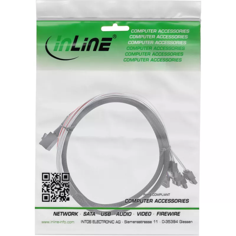 InLine Mini SAS HD kabelis SFF-8643 uz 4x SATA + sānjosla 0,5 m