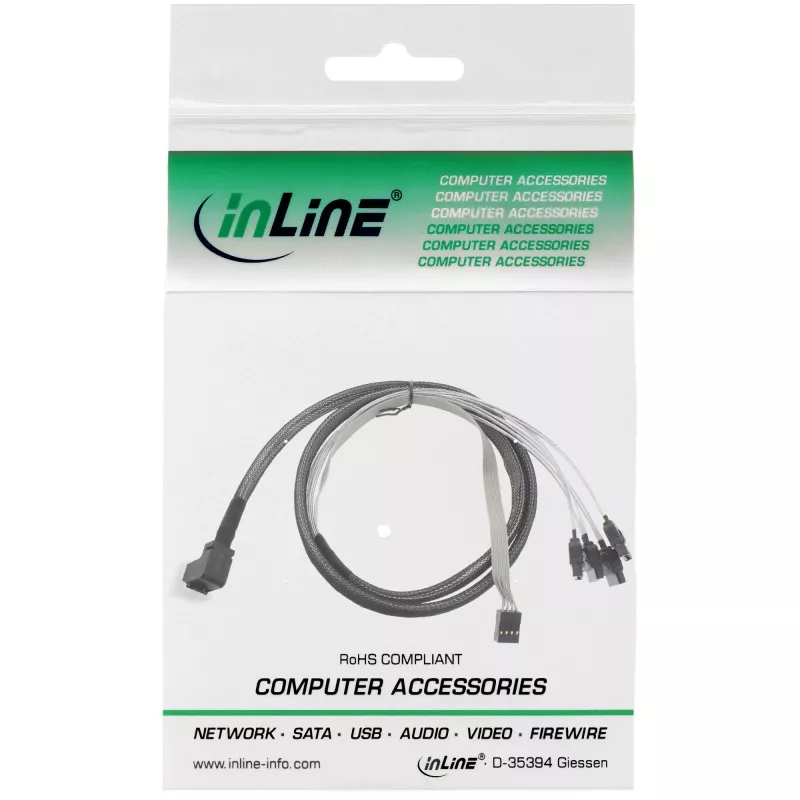 InLine Mini SAS HD kabelis SFF-8643 leņķveida uz 4x SATA + Sideband 0.5m
