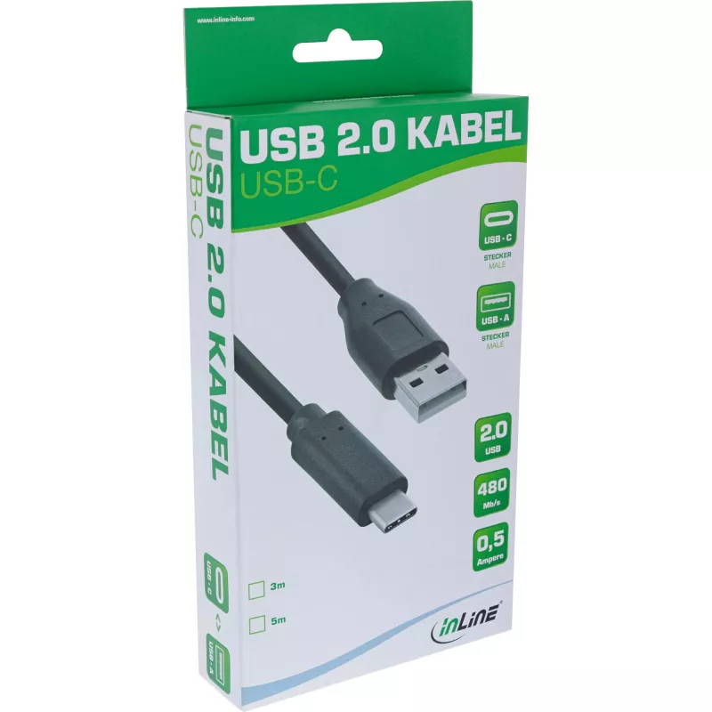 InLine USB 2.0 kabelis, USB-C vīrišķais / USB-A spraudnis, melns, 5m, 5 m, USB C, USB A, USB 2.0, 0,48 Gbit/s, Melns