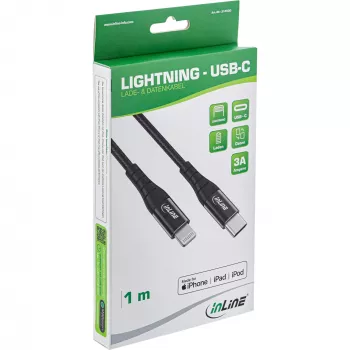 InLine USB-C – Lightning kabelis, paredzēts iPad, iPhone, iPod, melns/alumīnijs, 1 m, MFi