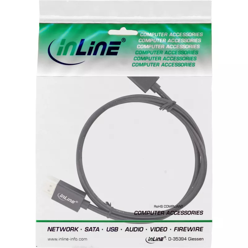 InLine DisplayPort 1.4 kabelis plāns, 8K4K, melns, zeltīti kontakti, 1m