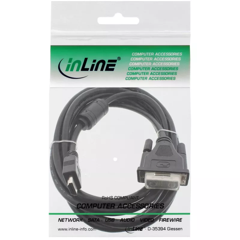 InLine HDMI-DVI kabelis 19 kontaktu vīr. / 18+1 vīr. + ferīta filtrs melns 0,5 m