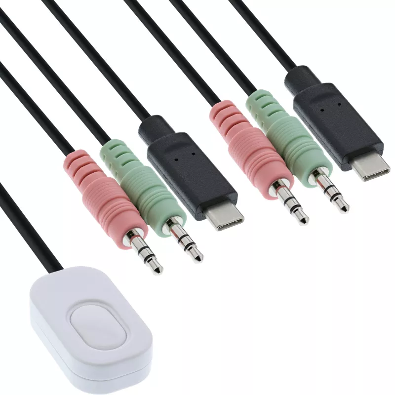 InLine KVM pārslēgs, 2 portu, USB-C uz DisplayPort 1.2, 4K, audio, iebūvēts kabelis