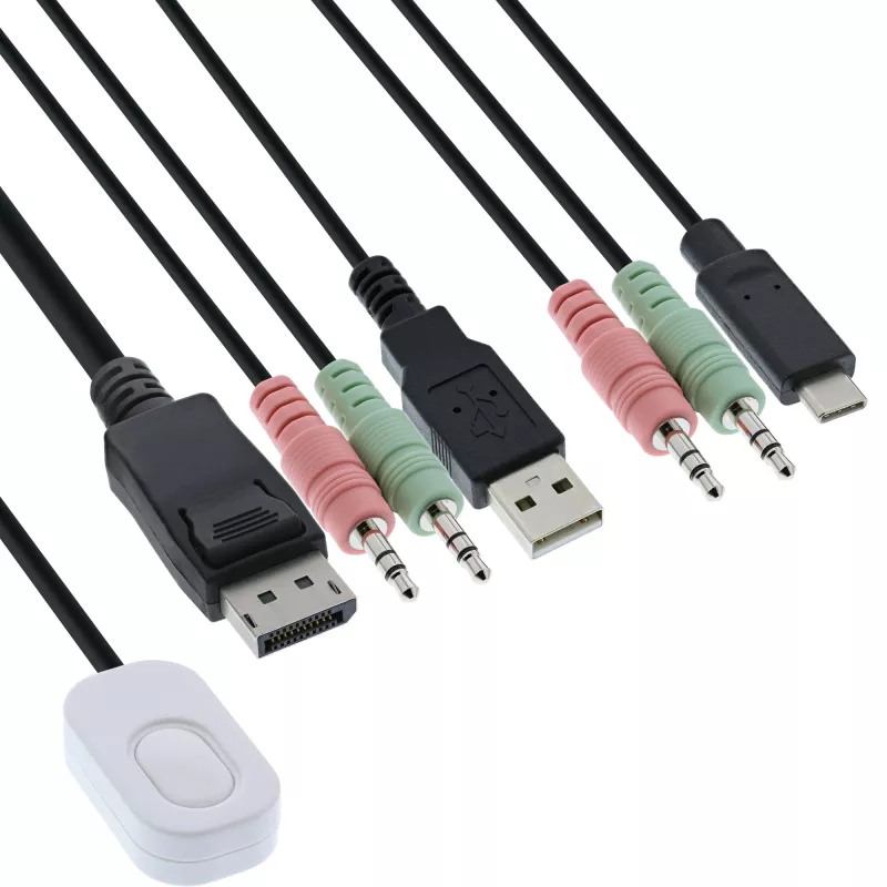 InLine KVM slēdzis, 2 portu, USB-C+DP uz DisplayPort, 4K, audio, integrēti kabeļi