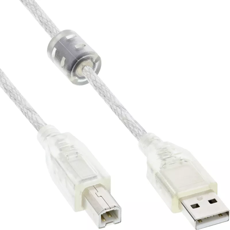 InLine USB 2.0 kabelis Tips A vīr. / B vīr., caurspīdīgs, ferīta serde, 0,3 m