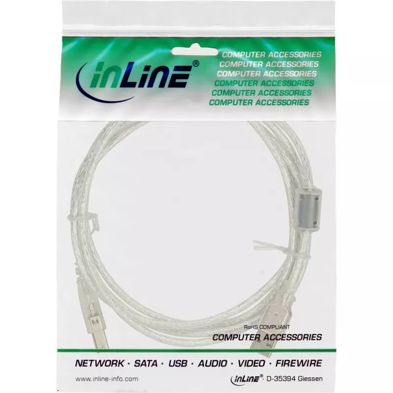InLine USB 2.0 kabelis Tips A vīr. / B vīr., caurspīdīgs, ferīta serde, 0,3 m