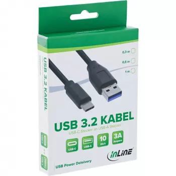 InLine USB 3.2 Gen.1x2 kabelis, USB-C vīrišķais / USB-A spraudnis, melns, 0.3m