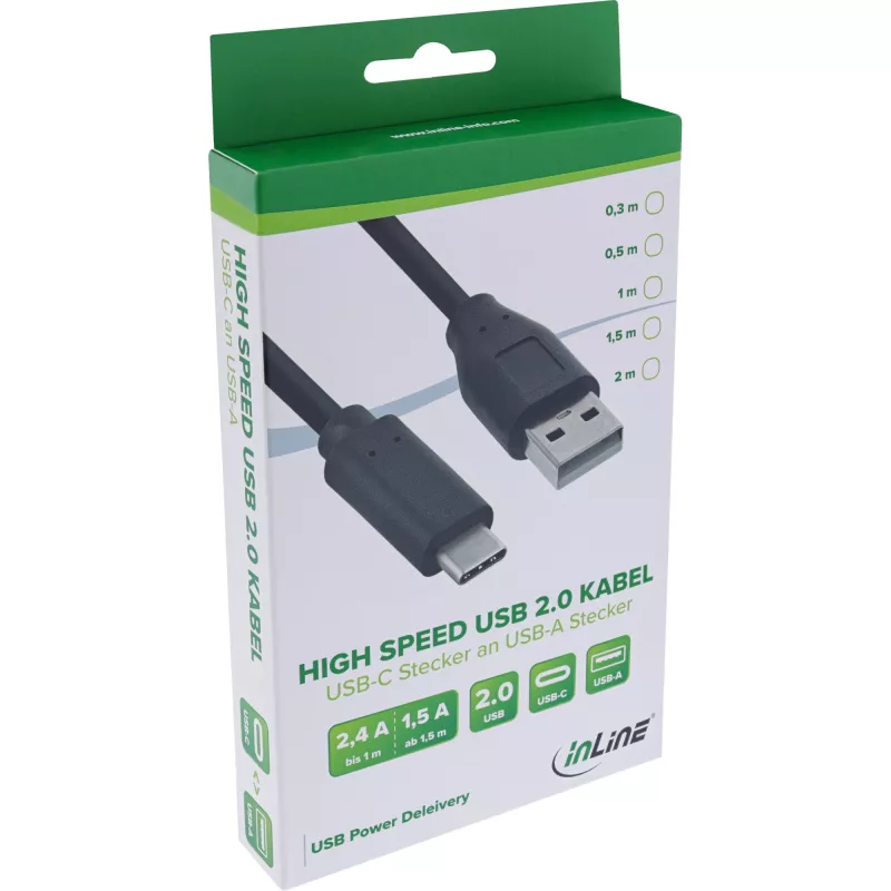 InLine USB 2.0 kabelis, USB-C vīrišķais / USB-A spraudnis, melns, 0.3m