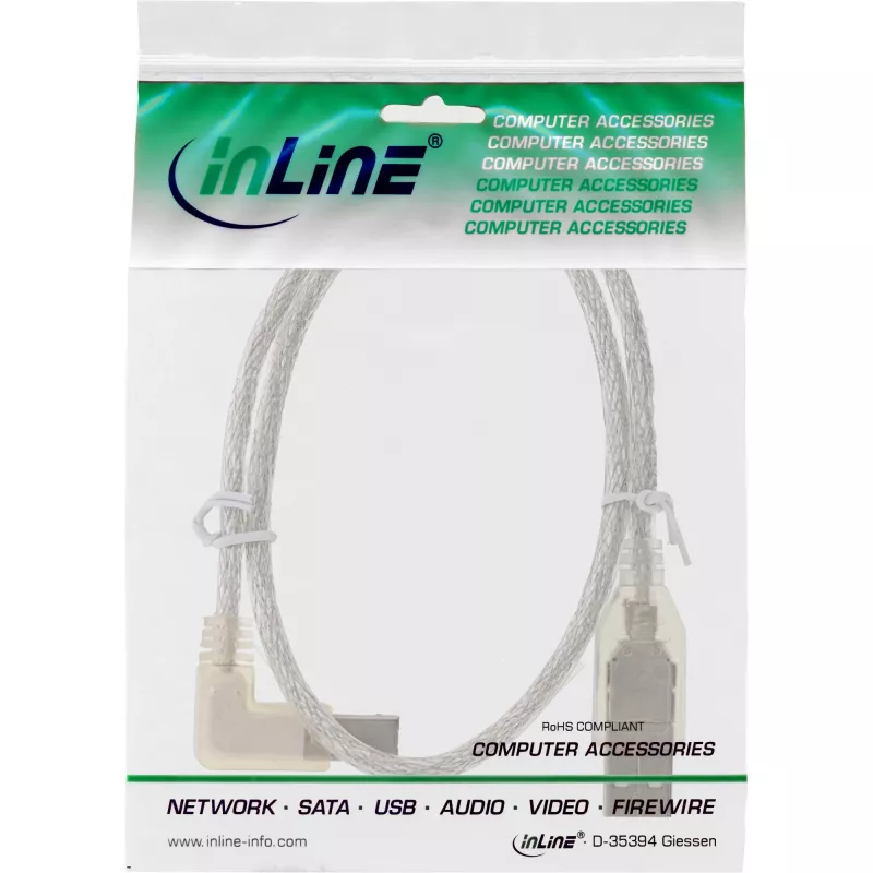 InLine USB 2.0 kabelis ar leņķveida A tipa spraudni vīrišķais / B spraudnis, caurspīdīgs, 0,3 m