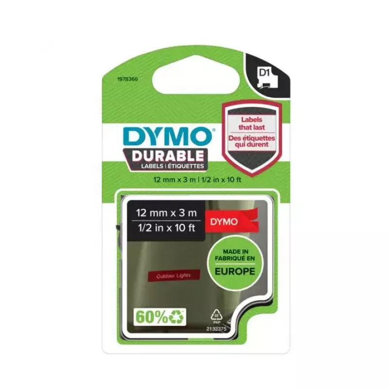 DYMO Authentic D1 Durable uzlīmes | Balta druka uz sarkanas lentes | 12 mm x 3 m | Marķēšanas lente LabelManager marķētājiem