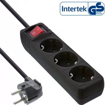 InLine kontaktligzdu sloksne, 3-vietīgs zemējuma kontakts CEE 7/3, ar slēdzi, melns, 3 m