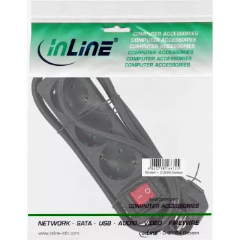 InLine kontaktligzdu sloksne, 3-vietīgs zemējuma kontakts CEE 7/3, ar slēdzi, melns, 3 m