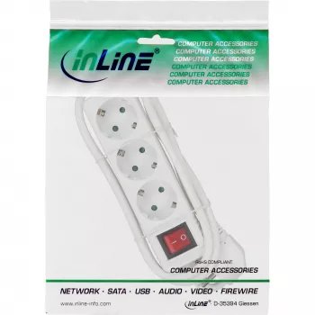 InLine spraudņu līnija, 3-vietīgs kontaktdakšu sadalītājs CEE 7/3, ar slēdzi, balta, 1,5m
