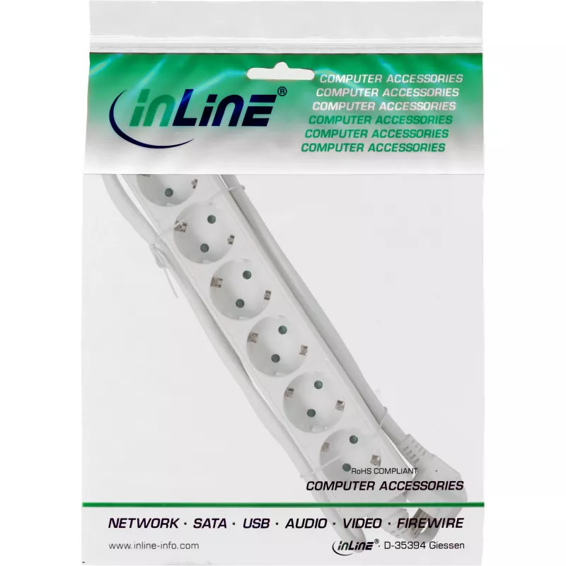 InLine kontaktligzdu bloks InLine 6-vietīgs ar zemējuma kontaktu CEE 7/3 balts 5 m
