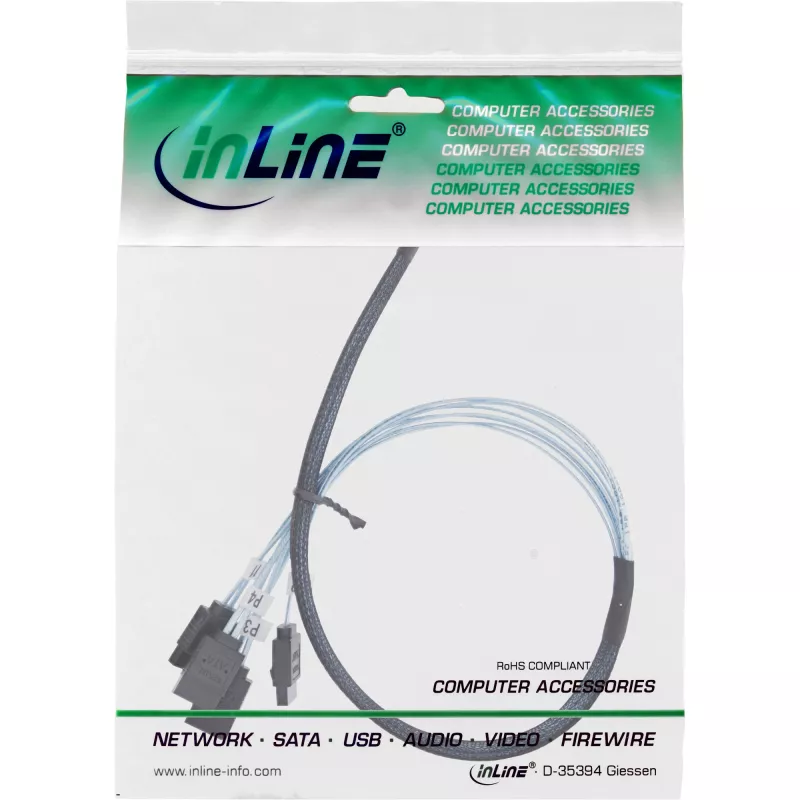 InLine plāns SAS kabelis, SFF-8654 uz 4x SATA 7-pin, 12Gb/s, 0.5m